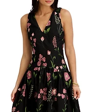 Kensie Floral Embroidered Woven V-Neck Sleeveless A-Line Midi Dress