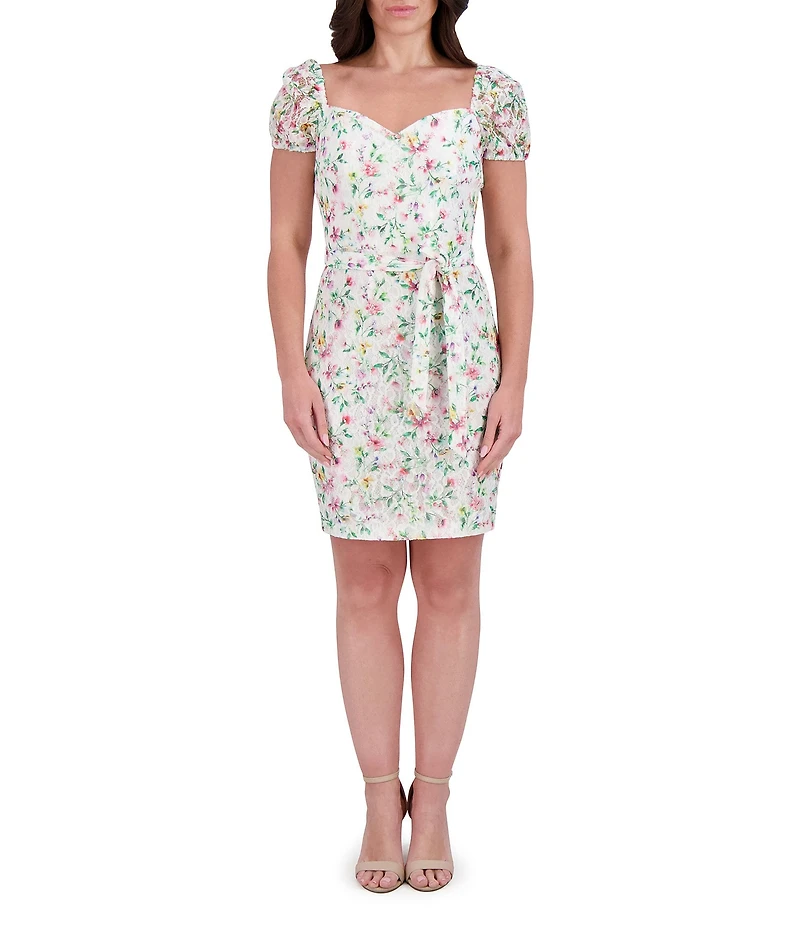 Kensie Floral Mesh Knit Sweetheart Neck Puff Sleeves Belted Sheath Mini Dress
