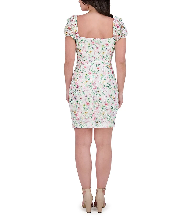 Kensie Floral Mesh Knit Sweetheart Neck Puff Sleeves Belted Sheath Mini Dress