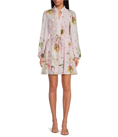 Kensie Floral Print Woven V-Neck Long Sleeve Shirt Dress
