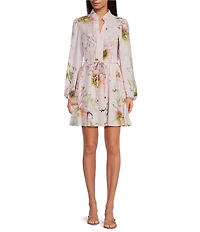 Kensie Floral Print Woven V-Neck Long Sleeve Shirt Dress