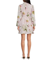 Kensie Floral Print Woven V-Neck Long Sleeve Shirt Dress
