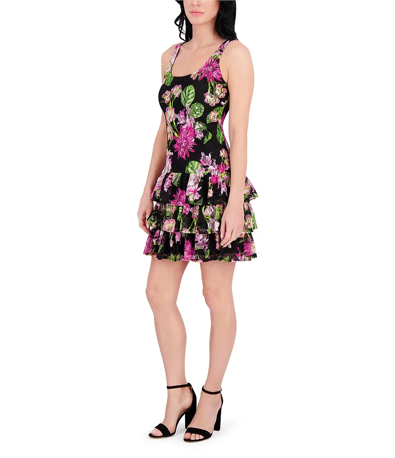 Kensie Floral Stretch Lace Square Neck Sleeveless Ruffle Tiered Fit & Flare Mini Dress