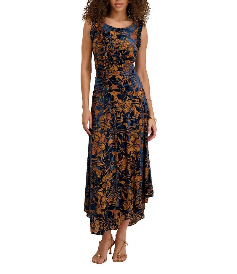 Kensie Floral Velvet Burnout Crew Neckline Sleeveless Sheath Maxi Dress