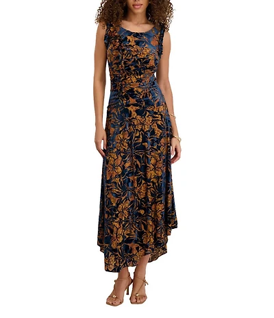 Kensie Floral Velvet Burnout Crew Neckline Sleeveless Sheath Maxi Dress
