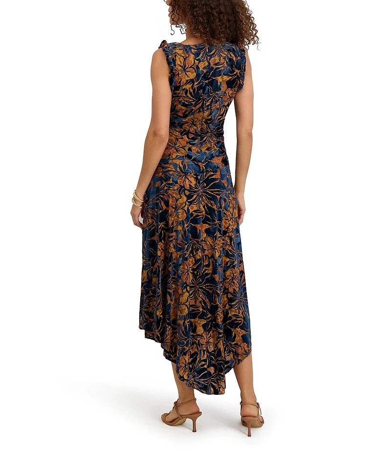 Kensie Floral Velvet Burnout Crew Neckline Sleeveless Sheath Maxi Dress