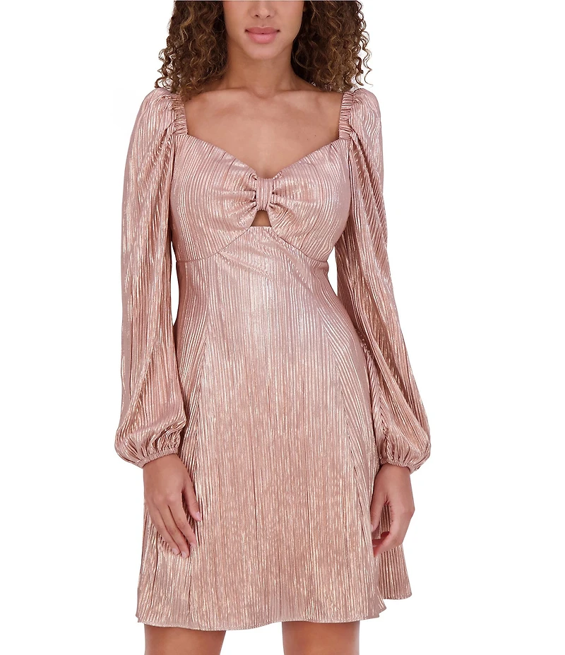 Kensie Foiled Woven Sweetheart Neck Long Blouson Sleeves Pleated Empire Waist Mini Dress
