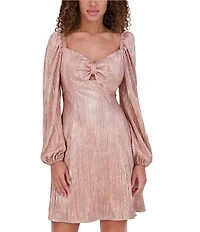 Kensie Foiled Woven Sweetheart Neck Long Blouson Sleeves Pleated Empire Waist Mini Dress