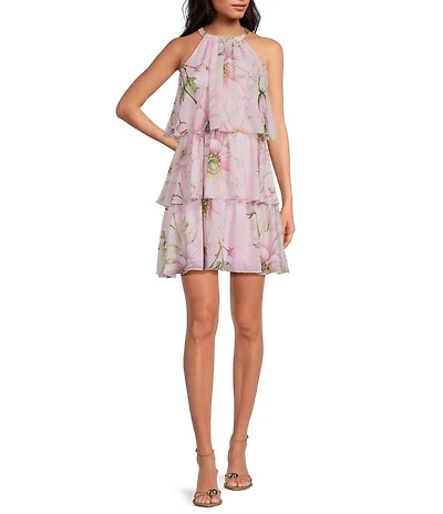 Kensie Halter Floral Chiffon Tiered Mini Dress