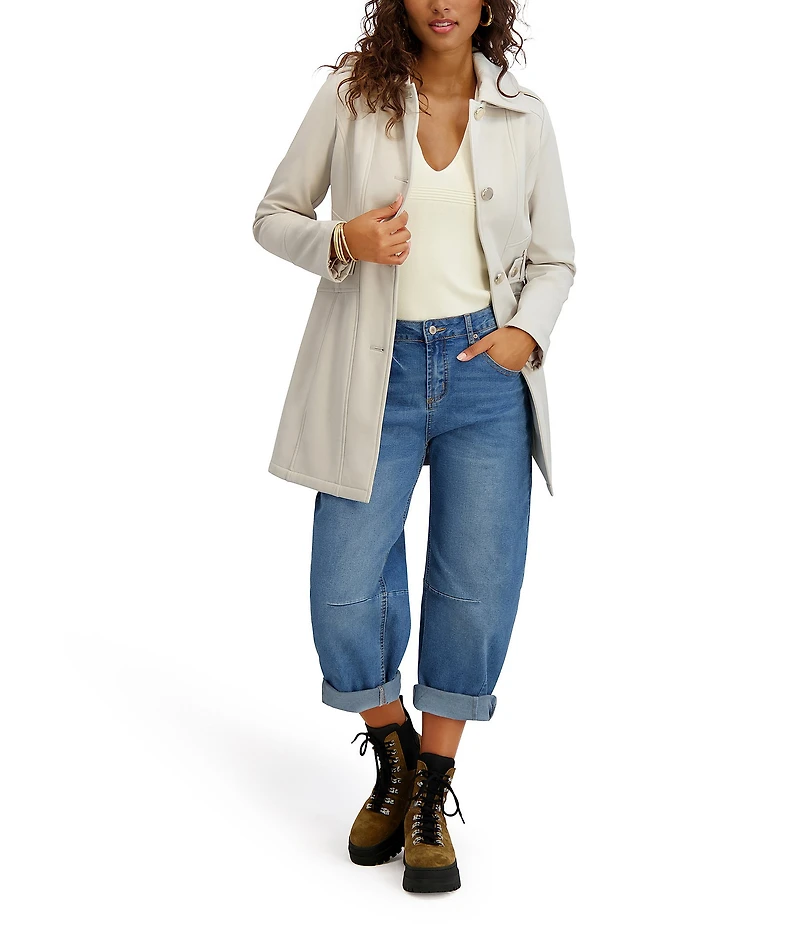 Kensie Water Resistant Hooded Point Collar Long Sleeves Side Tab Button Front Softshell Trench Coat