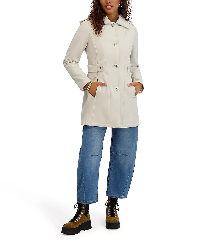 Kensie Water Resistant Hooded Point Collar Long Sleeves Side Tab Button Front Softshell Trench Coat