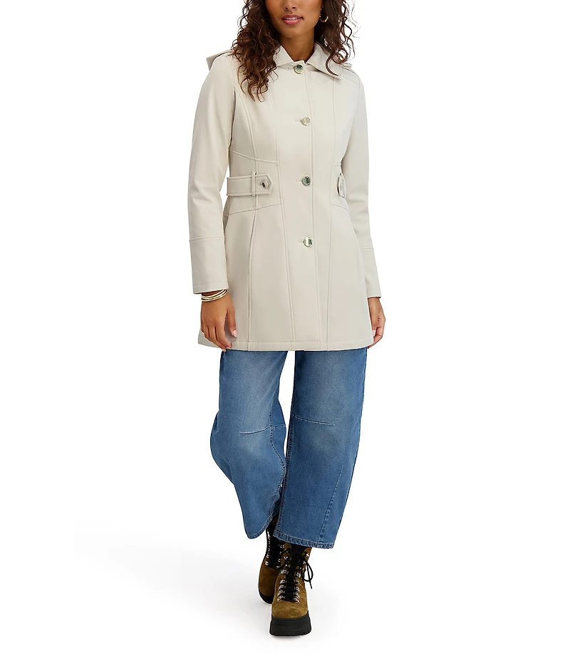 Kensie Water Resistant Hooded Point Collar Long Sleeves Side Tab Button Front Softshell Trench Coat