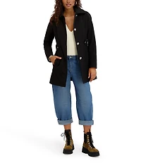 Kensie Water Resistant Hooded Point Collar Long Sleeves Side Tab Button Front Softshell Trench Coat