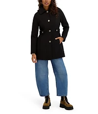 Kensie Water Resistant Hooded Point Collar Long Sleeves Side Tab Button Front Softshell Trench Coat