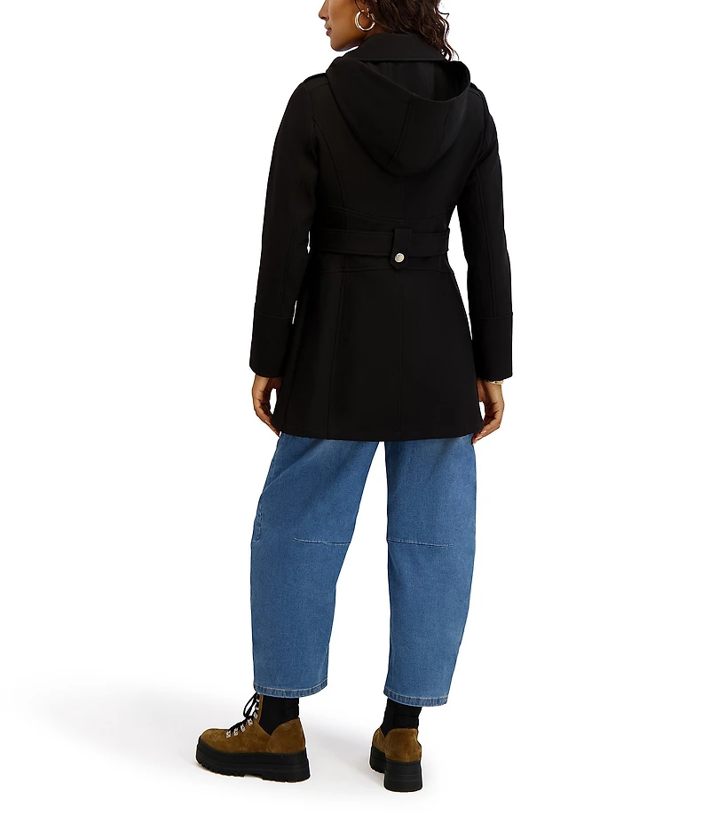 Kensie Water Resistant Hooded Point Collar Long Sleeves Side Tab Button Front Softshell Trench Coat