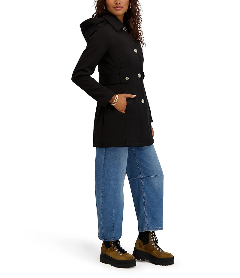 Kensie Water Resistant Hooded Point Collar Long Sleeves Side Tab Button Front Softshell Trench Coat