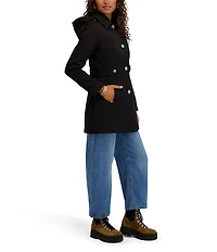 Kensie Water Resistant Hooded Point Collar Long Sleeves Side Tab Button Front Softshell Trench Coat