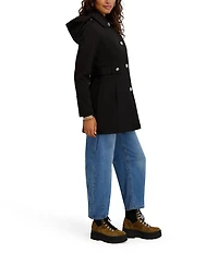 Kensie Water Resistant Hooded Point Collar Long Sleeves Side Tab Button Front Softshell Trench Coat