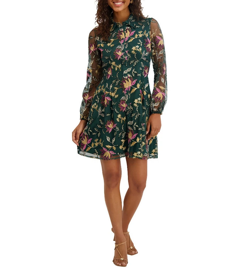 Kensie Illusion Long Sleeve Embroidered Floral Mesh Mini Dress