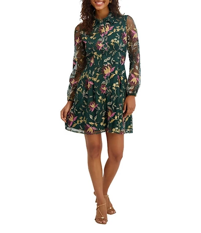 Kensie Illusion Long Sleeve Embroidered Floral Mesh Mini Dress