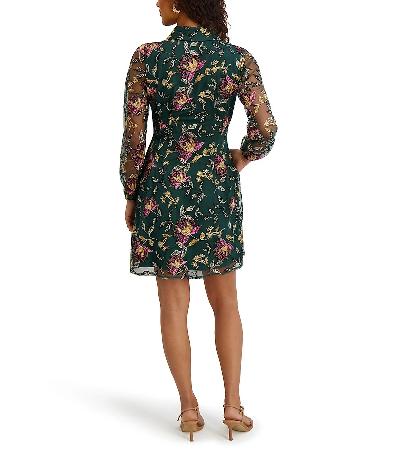 Kensie Illusion Long Sleeve Embroidered Floral Mesh Mini Dress