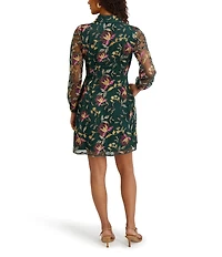 Kensie Illusion Long Sleeve Embroidered Floral Mesh Mini Dress