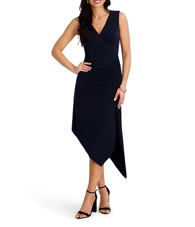 Kensie Jersey Asymmetrical V-Neck Sleeveless Side Ruffle Sheath Midi Dress