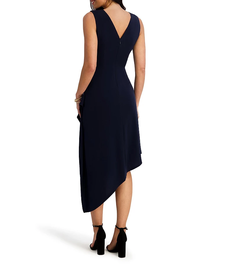 Kensie Jersey Asymmetrical V-Neck Sleeveless Side Ruffle Sheath Midi Dress