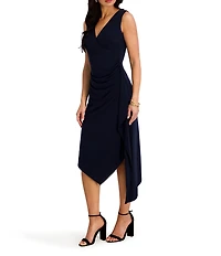 Kensie Jersey Asymmetrical V-Neck Sleeveless Side Ruffle Sheath Midi Dress