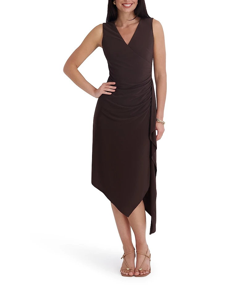 Kensie Jersey Asymmetrical V-Neck Sleeveless Side Ruffle Sheath Midi Dress