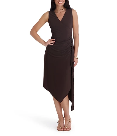 Kensie Jersey Asymmetrical V-Neck Sleeveless Side Ruffle Sheath Midi Dress