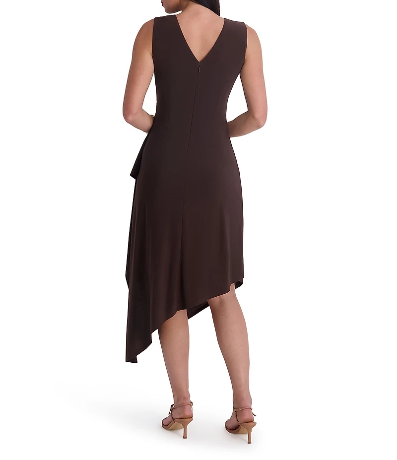 Kensie Jersey Asymmetrical V-Neck Sleeveless Side Ruffle Sheath Midi Dress