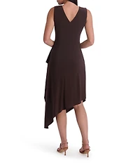 Kensie Jersey Asymmetrical V-Neck Sleeveless Side Ruffle Sheath Midi Dress