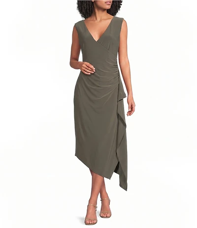 Kensie Jersey Asymmetrical V-Neck Sleeveless Side Ruffle Sheath Midi Dress