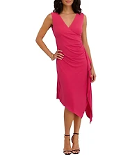Kensie Jersey Asymmetrical V-Neck Sleeveless Side Ruffle Sheath Midi Dress