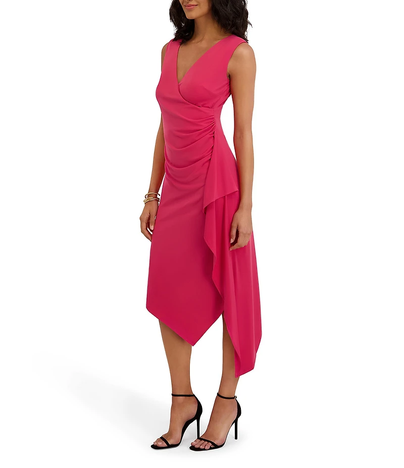 Kensie Jersey Asymmetrical V-Neck Sleeveless Side Ruffle Sheath Midi Dress