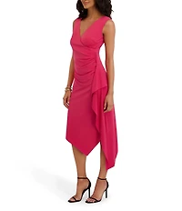 Kensie Jersey Asymmetrical V-Neck Sleeveless Side Ruffle Sheath Midi Dress