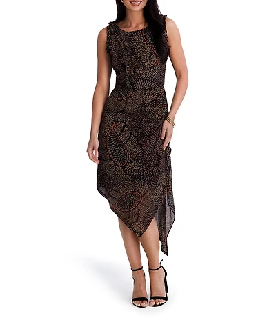 Kensie Jewel Neck Sleeveless Asymmetrical Hem Abstract Paisley Printed Mesh Midi Dress