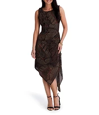 Kensie Jewel Neck Sleeveless Asymmetrical Hem Abstract Paisley Printed Mesh Midi Dress
