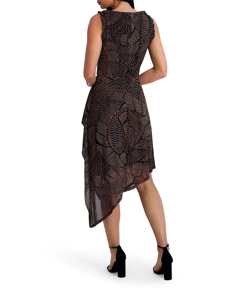 Kensie Jewel Neck Sleeveless Asymmetrical Hem Abstract Paisley Printed Mesh Midi Dress