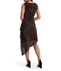 Kensie Jewel Neck Sleeveless Asymmetrical Hem Abstract Paisley Printed Mesh Midi Dress