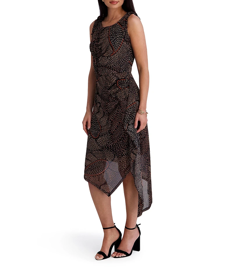 Kensie Jewel Neck Sleeveless Asymmetrical Hem Abstract Paisley Printed Mesh Midi Dress