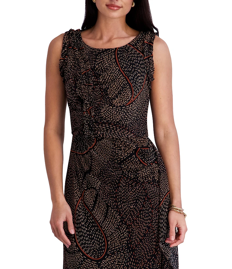 Kensie Jewel Neck Sleeveless Asymmetrical Hem Abstract Paisley Printed Mesh Midi Dress