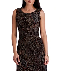 Kensie Jewel Neck Sleeveless Asymmetrical Hem Abstract Paisley Printed Mesh Midi Dress