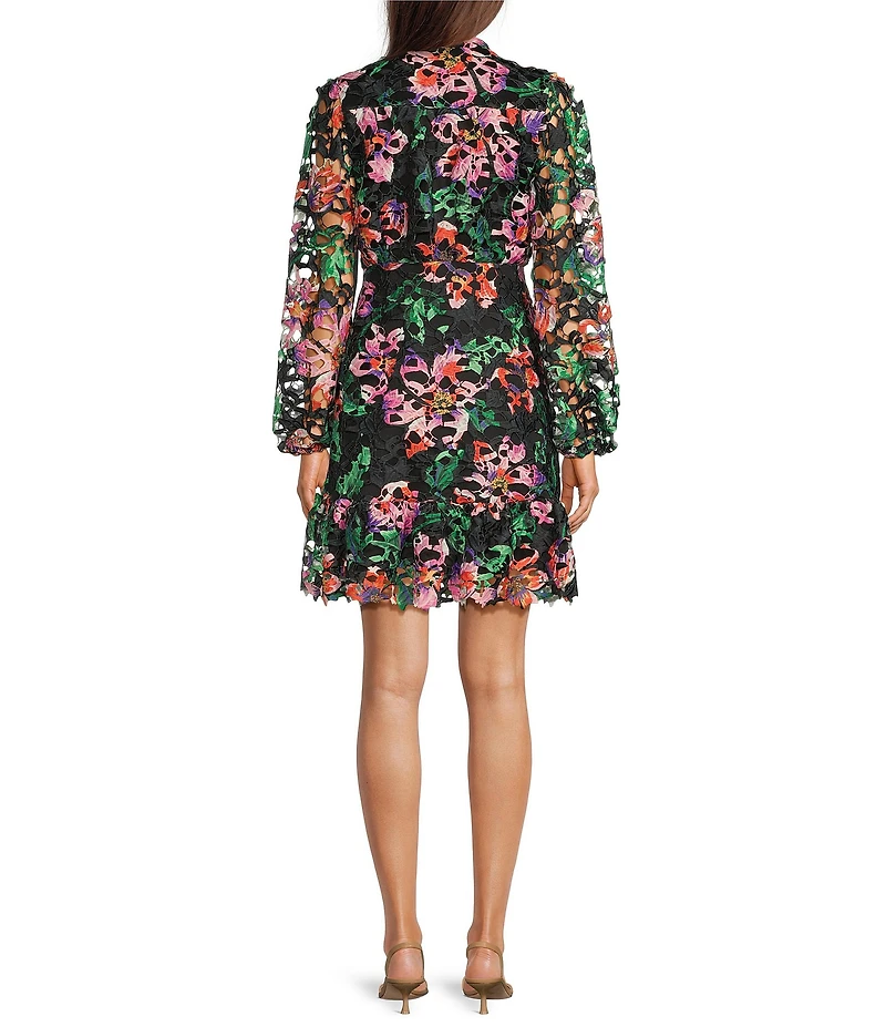 Kensie Lace Floral Print V-Neck Collar Long Sleeve Shirt Mini Dress