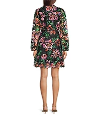 Kensie Lace Floral Print V-Neck Collar Long Sleeve Shirt Mini Dress