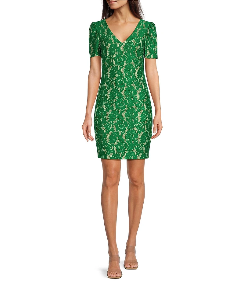 Kensie Lace V-Neck Short Sleeve Sheath Mini Dress