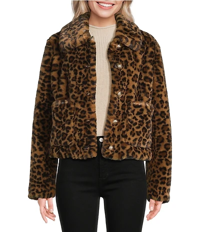 Kensie Leopard Faux Fur Collared Neck Long Sleeves Gold Button Front Coat