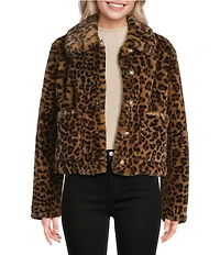 Kensie Leopard Faux Fur Collared Neck Long Sleeves Gold Button Front Coat