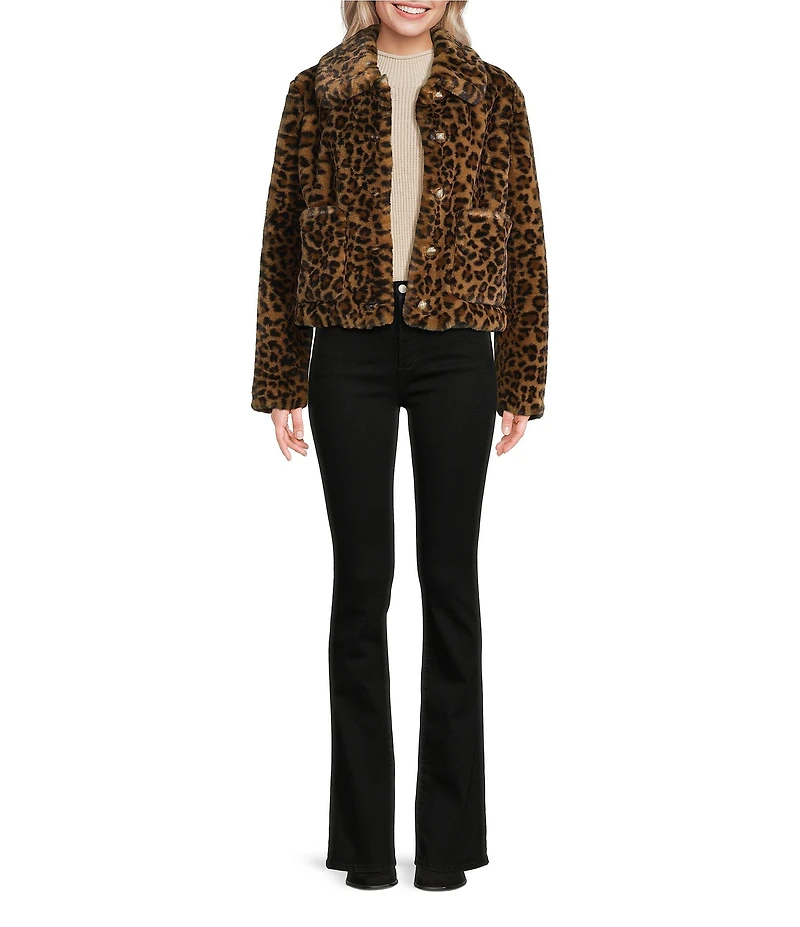 Kensie Leopard Faux Fur Collared Neck Long Sleeves Gold Button Front Coat